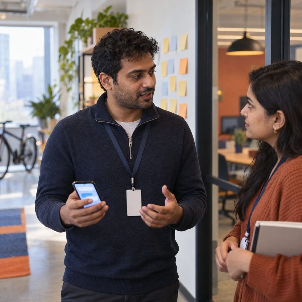 Illustrative photo: the founder of a small company that makes a home-cleaning booking app asks the Help Center Writer for help from their phone.