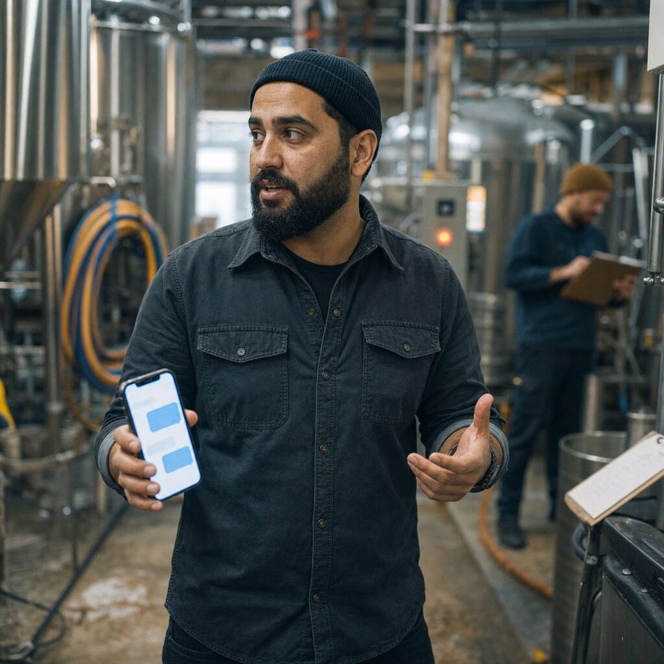 Illustrative photo: the operations lead at a craft brewery asks the HQ Liaison for help from their phone.