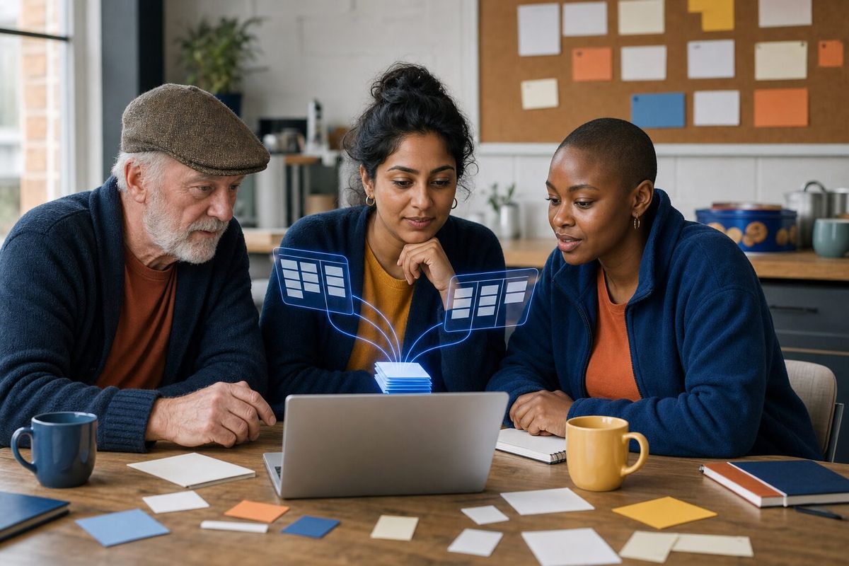 Illustrative photo: the Human-in-the-loop Manager at work for the operations team at a regional charity, laying out results as blue panels above a laptop.