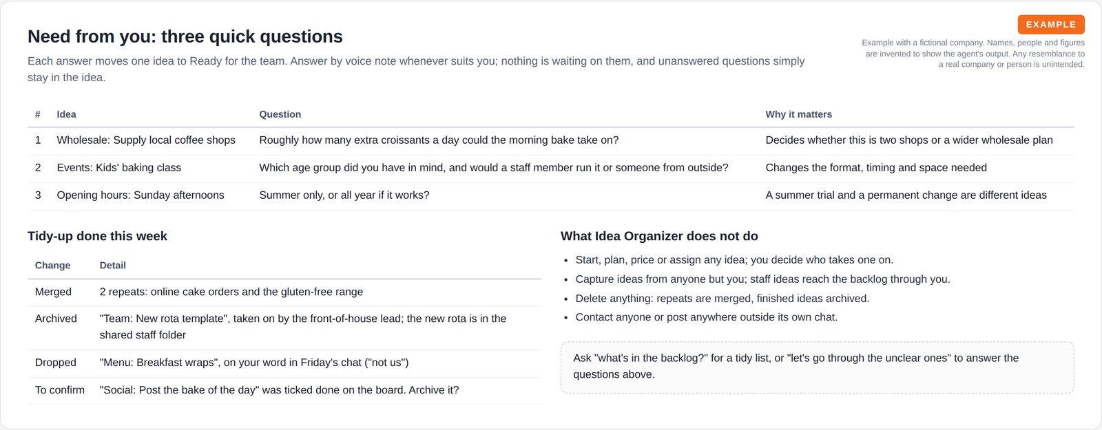 A table of three questions for the owner, each tied to one idea with the reason it matters, a table of this week's merges, archive, drop and one item to confirm, and a list of what the agent does not do.