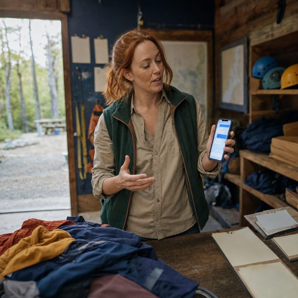 Illustrative photo: the owner of a small adventure-tour company asks the Idea Organizer for help from their phone.