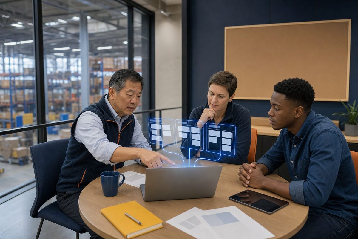 Illustrative photo: the Improvement Agent at work for the managing director and his team approving process improvements one by one, laying out results as blue panels above a laptop.