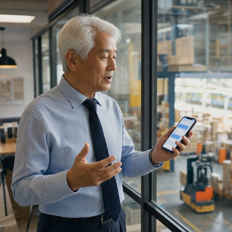 Illustrative photo: the managing director of a logistics firm asks the Improvement Agent for help from their phone.
