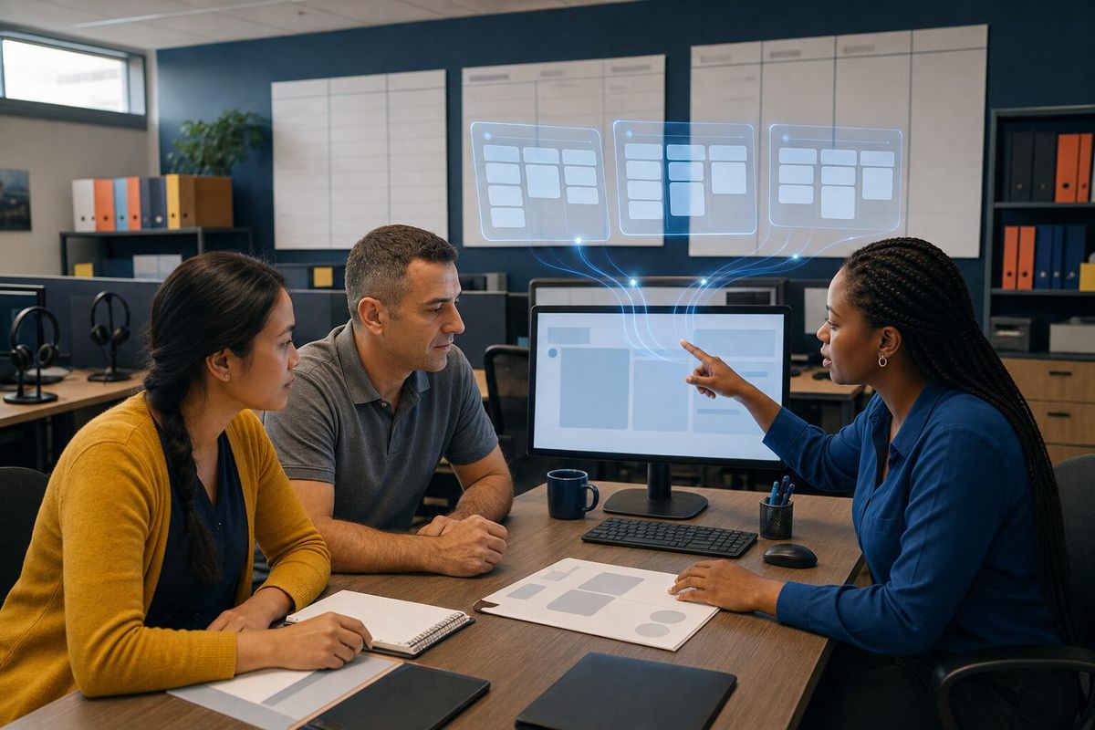 Illustrative photo: the Incident Commander at work for the owner and support leads of a small online bus-ticketing company, laying out results as blue panels above a monitor.