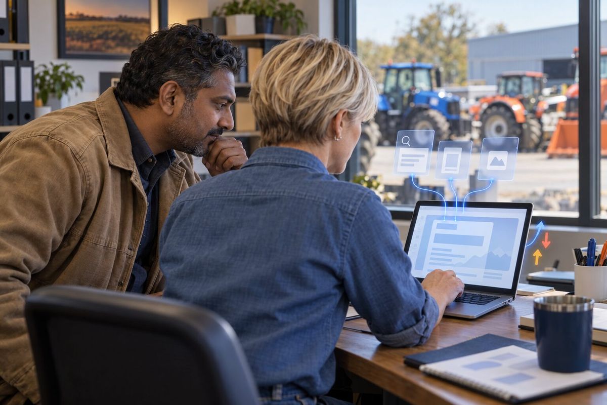Illustrative photo: the Industry Analyst at work for the owner and sales manager of an agricultural-equipment dealership, laying out results as blue panels above a laptop.