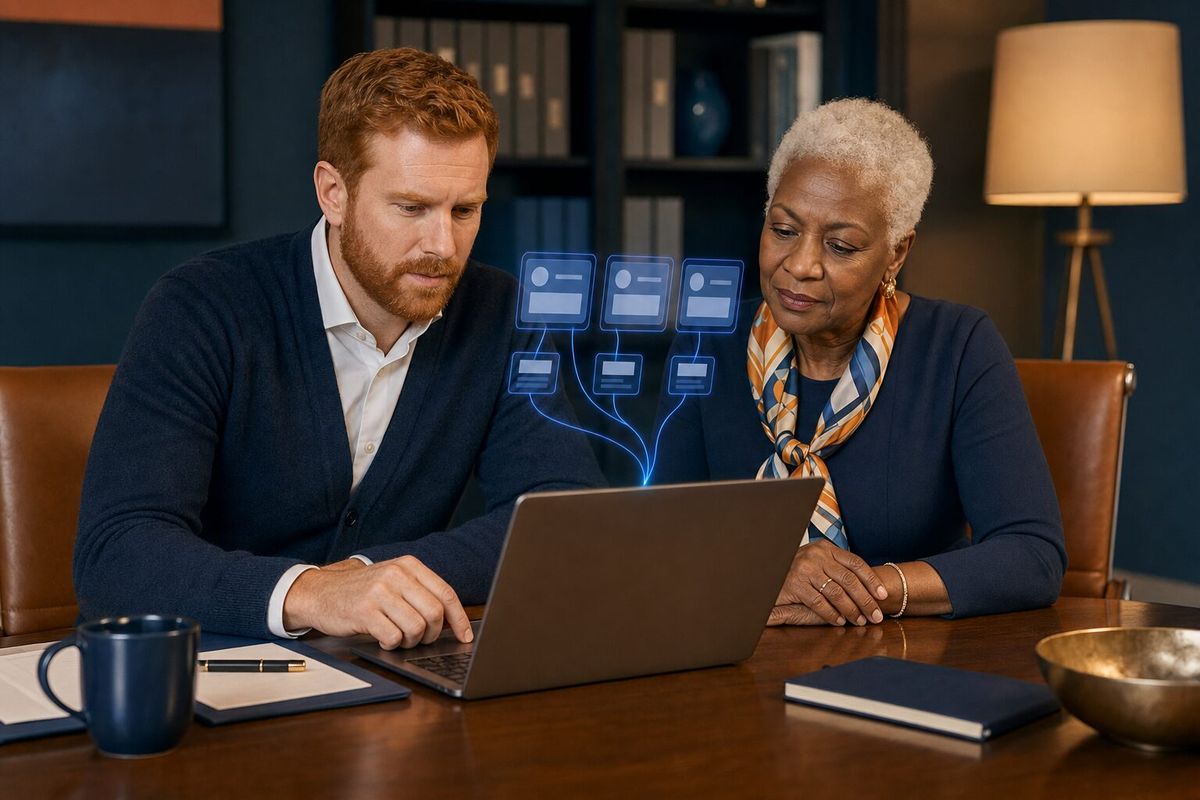 Illustrative photo: the Jev Manager at work for the partners of an accounting firm, laying out results as blue panels above a laptop.