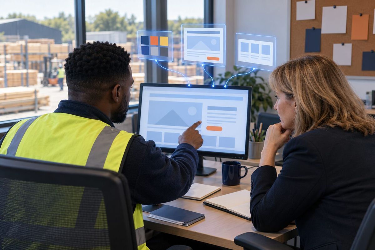 Illustrative photo: the Landing Page Builder at work for the marketing and trade sales leads of a building-materials merchant, laying out results as blue panels above a monitor.