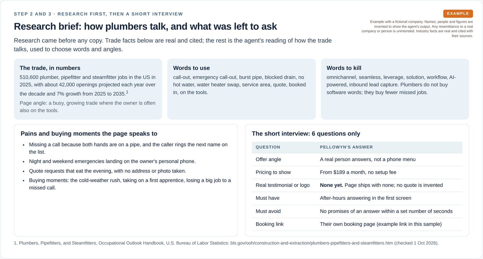 A research brief lists cited US plumbing trade figures, words plumbers use, software words to remove and the pains the page speaks to, beside a table of 6 interview questions and the client's answers, including no testimonial yet.