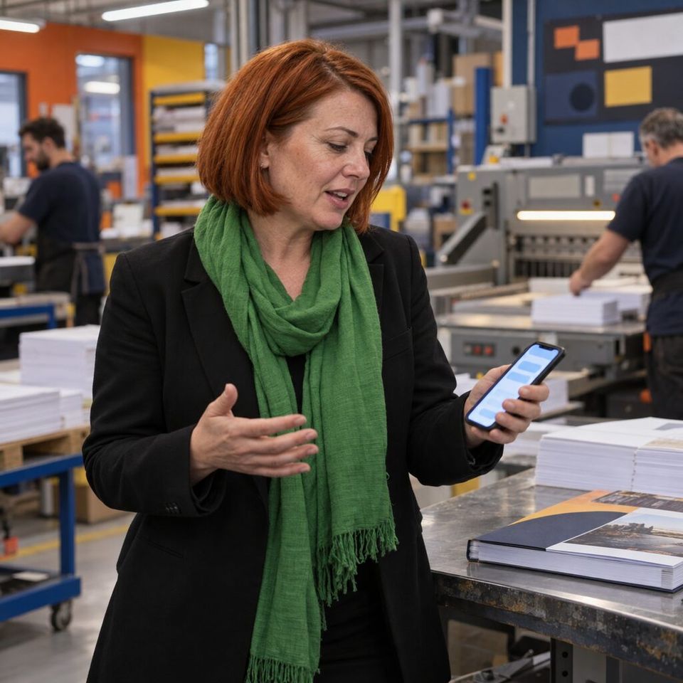 Illustrative photo: the sales lead of a small commercial-printing company asks the Lead Prioritizer for help from their phone.