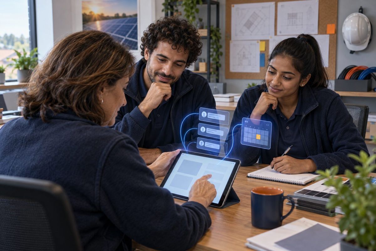 Illustrative photo: the Lead Responder at work for the owner and sales advisers of a small solar-panel installer, laying out results as blue panels above a tablet.