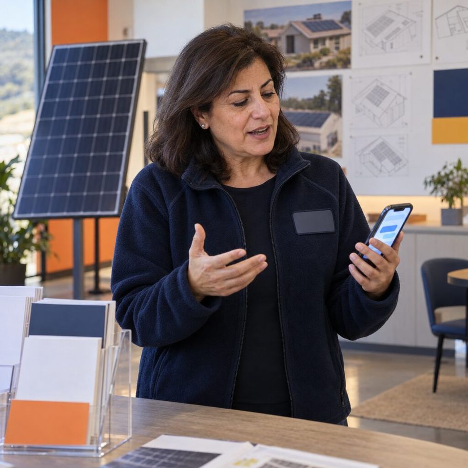 Illustrative photo: the owner of a small solar-panel installer asks the Lead Responder for help from their phone.