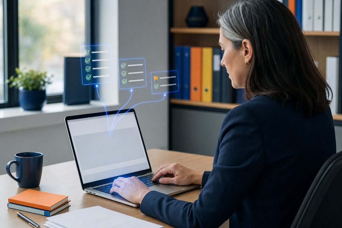 Illustrative photo: the Legal Agent at work for the operations manager, laying out results as blue panels above a laptop.