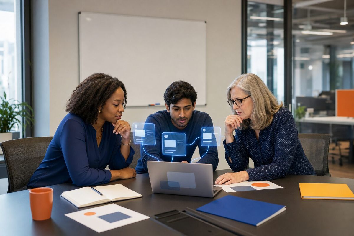 Illustrative photo: the Market Intelligence Analyst at work for the market-insights team, laying out results as blue panels above a laptop.