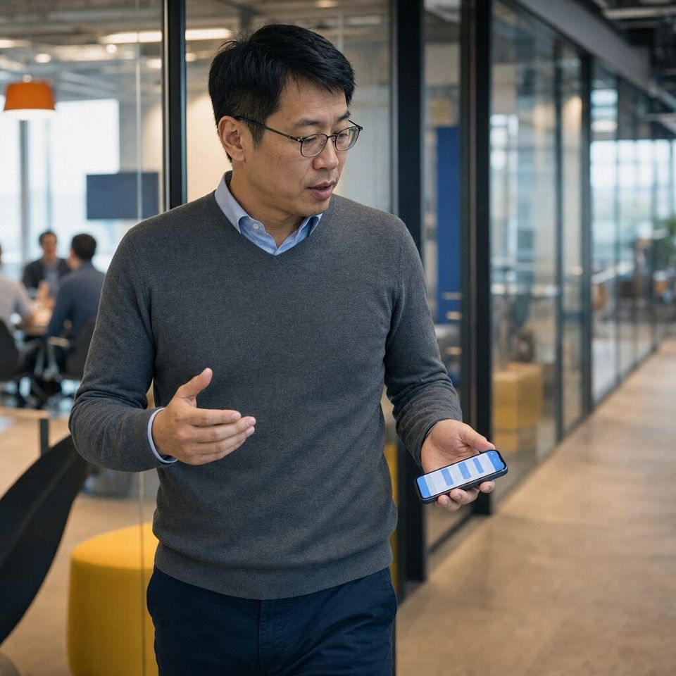 Illustrative photo: the head of product at a software company asks the Market Intelligence Analyst for help from their phone.
