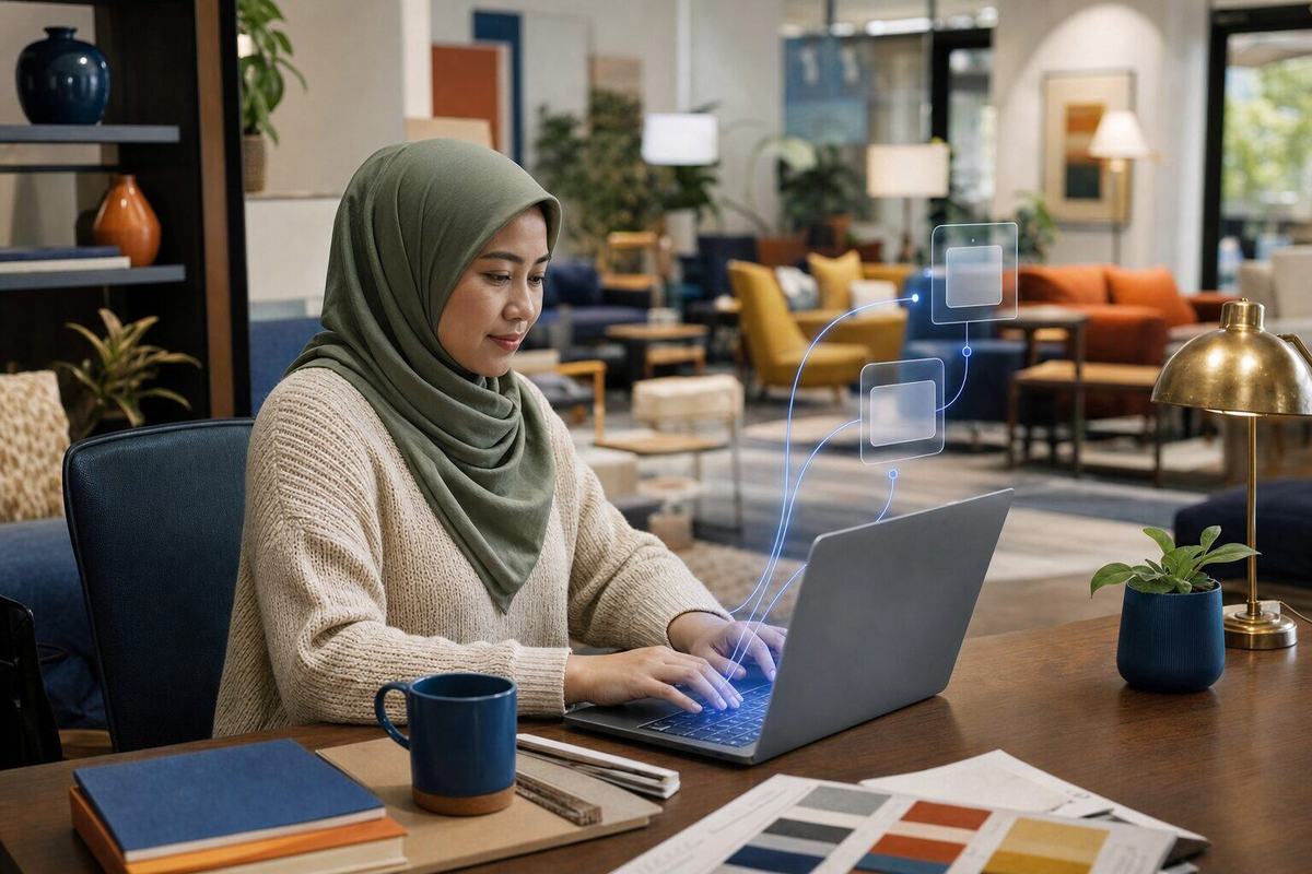 Illustrative photo: the Media Buyer at work for an independent furniture showroom, laying out results as blue panels above a laptop.