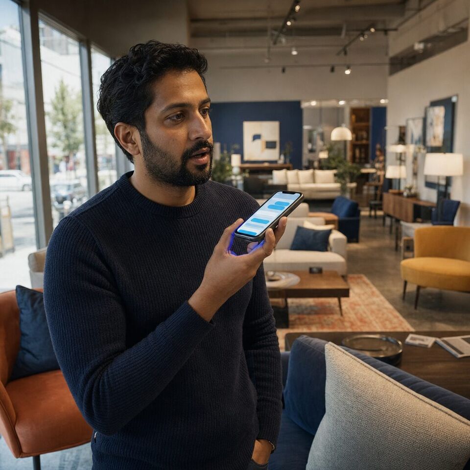 Illustrative photo: the owner of an independent furniture showroom asks the Media Buyer for help from their phone.