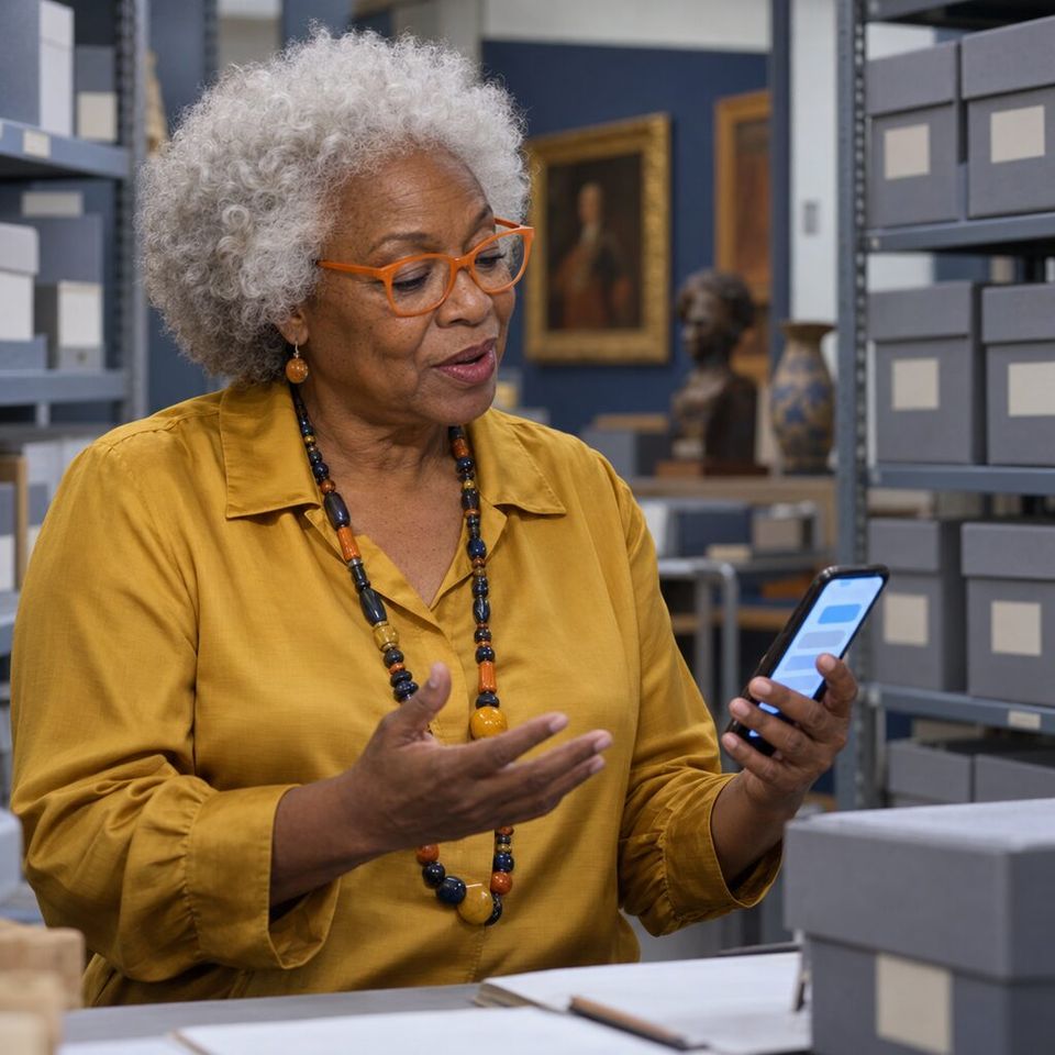 Illustrative photo: the operations manager of a small heritage museum trust asks the Memory Manager for help from their phone.