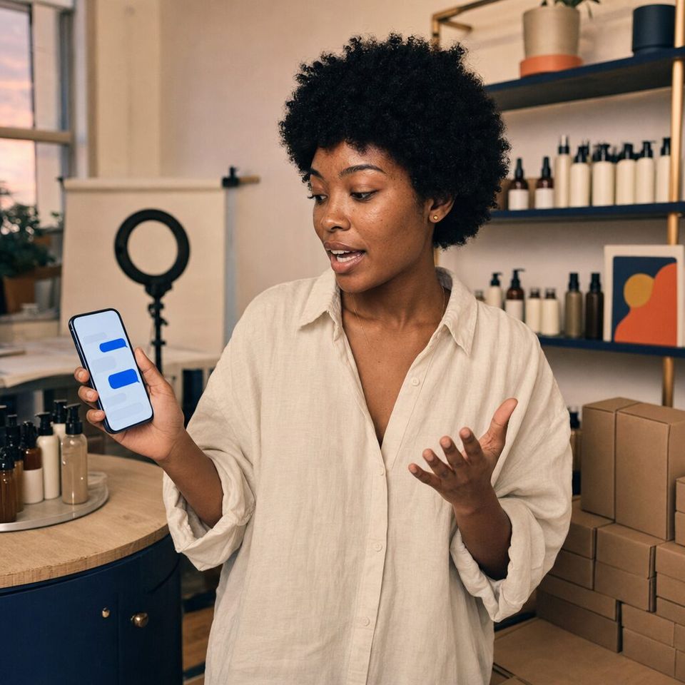 Illustrative photo: the founder of a small skincare brand asks the Meta Ads Agent for help from their phone.