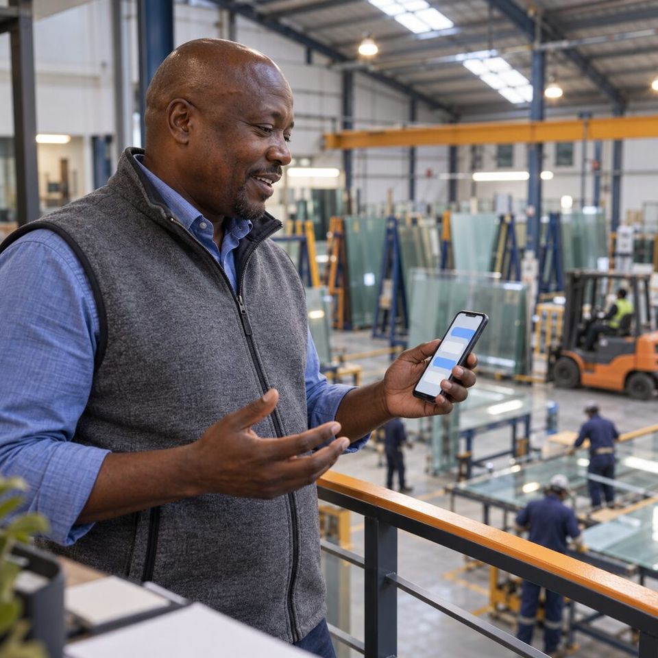 Illustrative photo: the managing director of an architectural-glass fabrication company asks the Operating Rhythm Coach for help from their phone.
