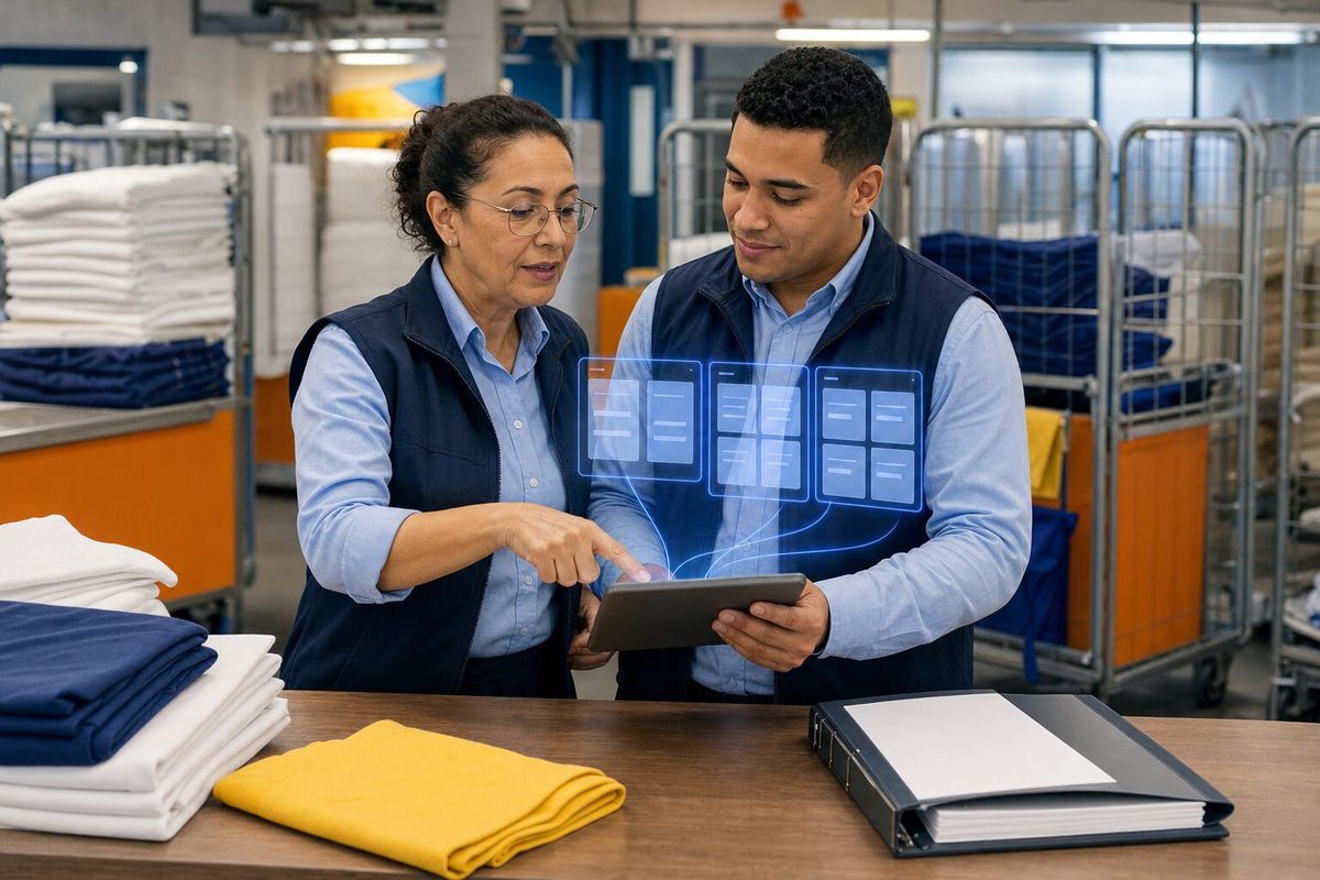 Illustrative photo: the Operations Director at work for the owner and depot manager of a regional laundry-and-linen service, laying out results as blue panels above a tablet.