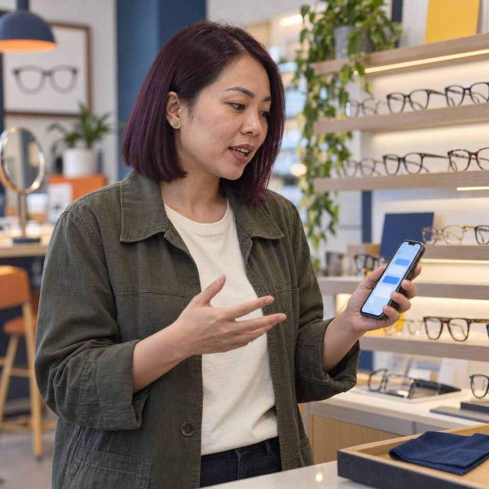 Illustrative photo: the web manager of an online eyewear retailer asks the Page Speed Monitor for help from their phone.