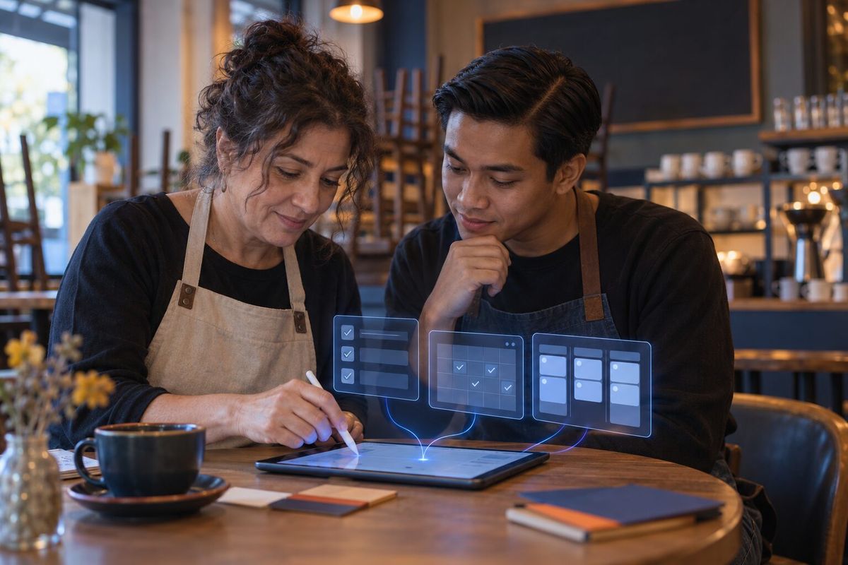 Illustrative photo: the People Ops Lead at work for the owner and cafe supervisor of an independent cinema and cafe, laying out results as blue panels above a tablet.