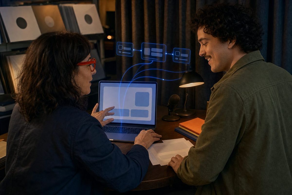 Illustrative photo: the Podcasting App Manager at work for the owner and events coordinator of an independent record shop, laying out results as blue panels above a laptop.
