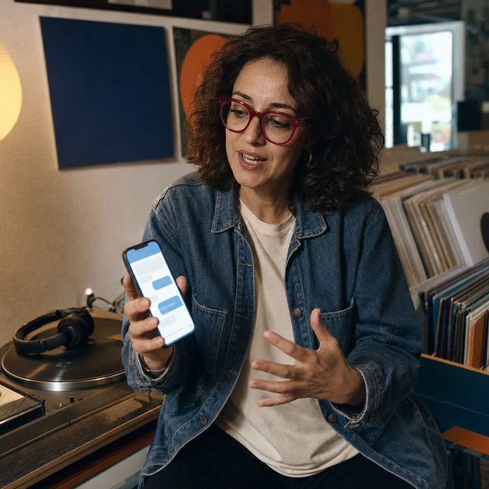 Illustrative photo: the owner of an independent record shop asks the Podcasting App Manager for help from their phone.