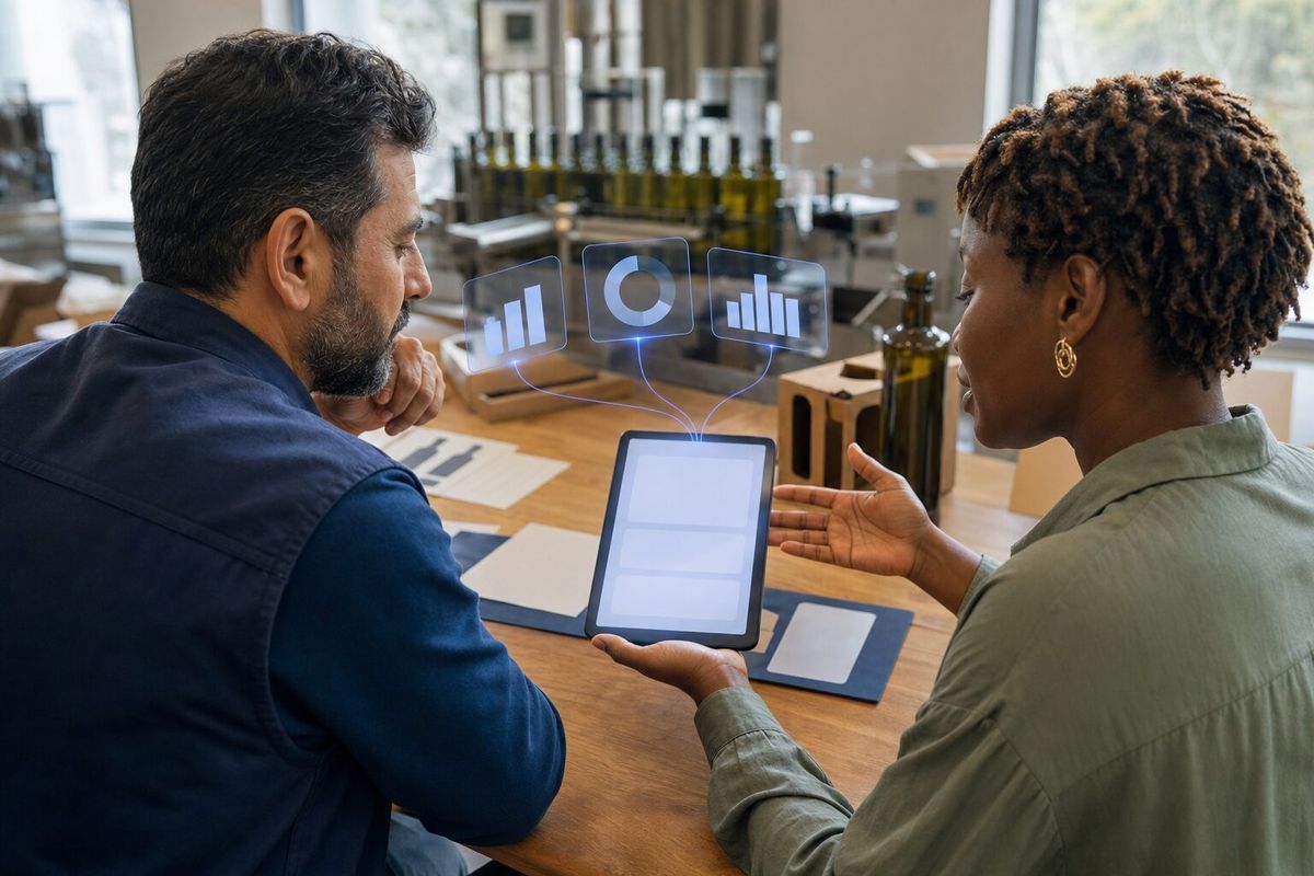 Illustrative photo: the Pricing Manager at work for the owner and sales manager of a family-run olive-oil producer, laying out results as blue panels above a tablet.