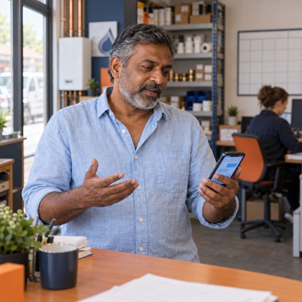 Illustrative photo: the owner of an independent plumbing and heating firm asks the Productivity Tracker for help from their phone.
