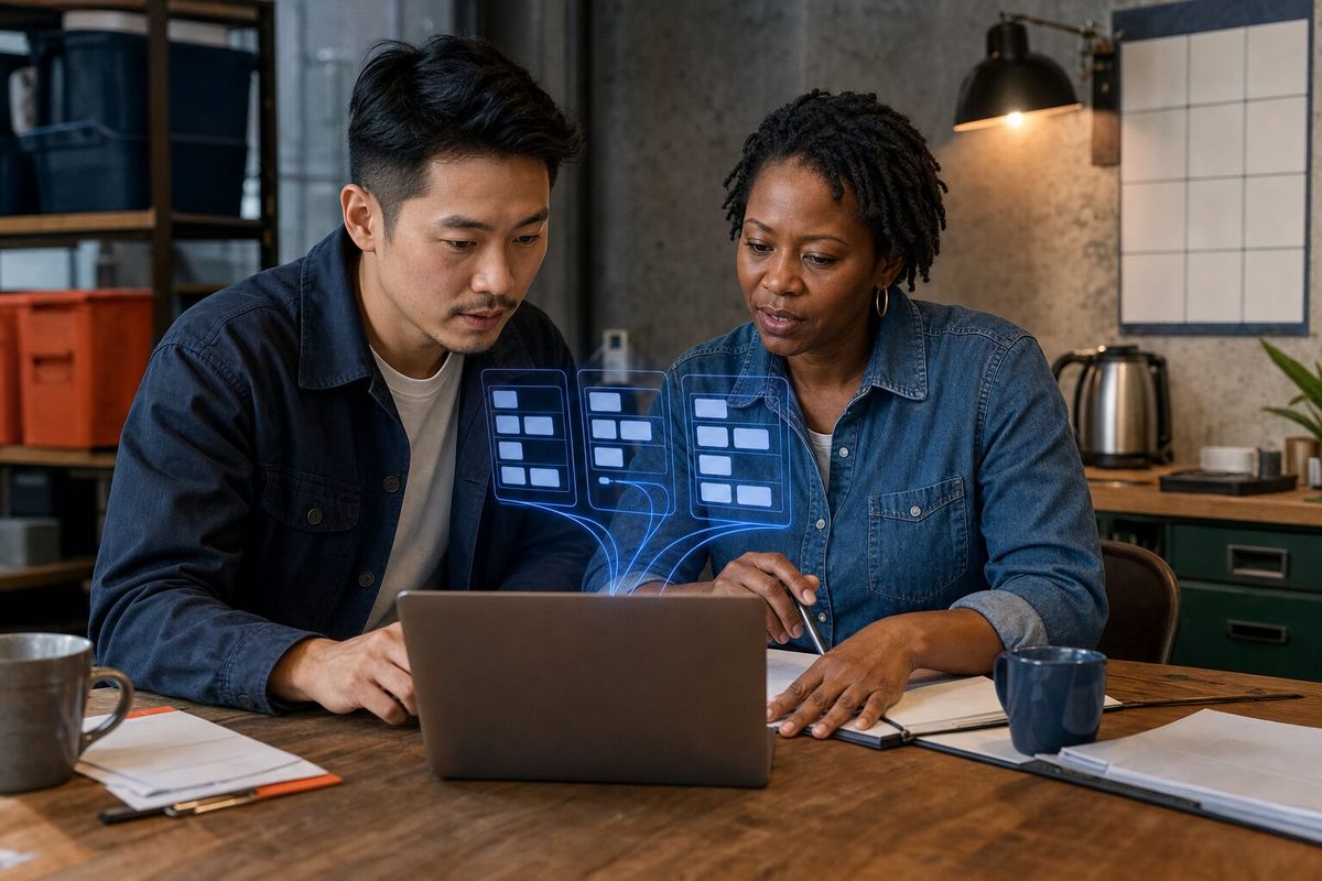 Illustrative photo: the New-Project Intake at work for the founders of an events-hire company, laying out results as blue panels above a laptop.