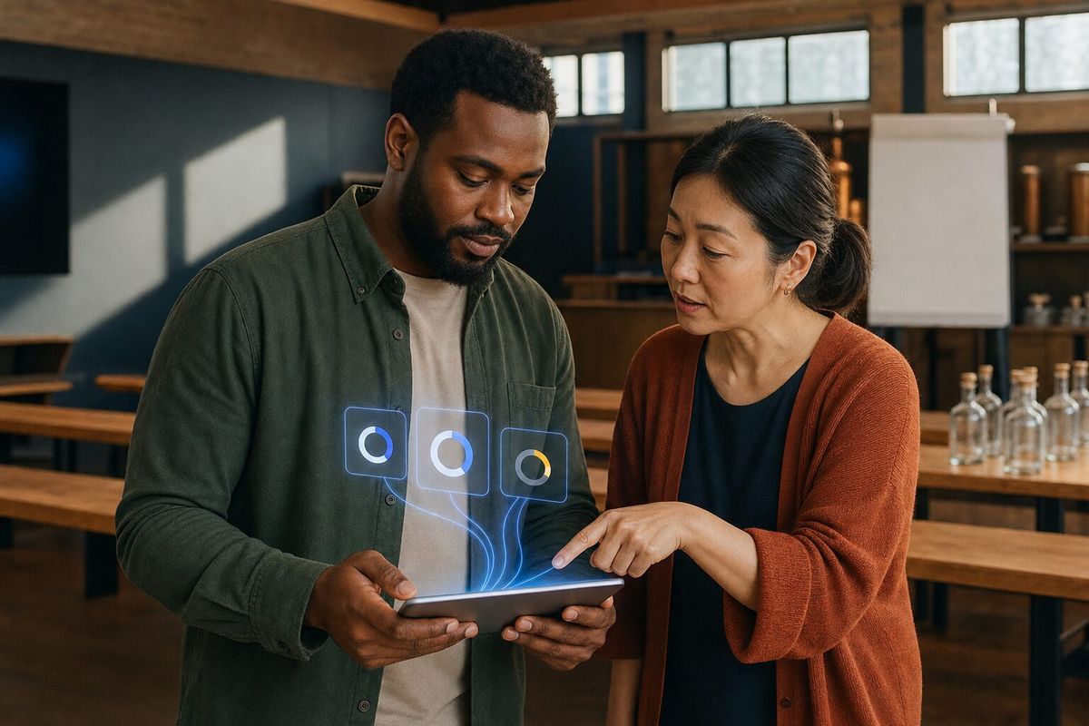 Illustrative photo: the Public Speaking Coach at work for the owner and tasting host of a small craft distillery, laying out results as blue panels above a tablet.