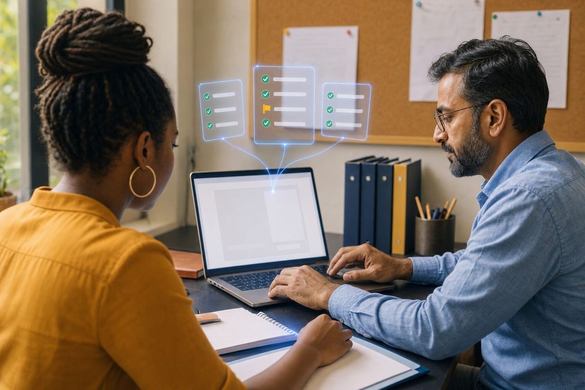 Illustrative photo: the Quality Lead at work for the owner and proposal writer of a small grant-writing consultancy, laying out results as blue panels above a laptop.