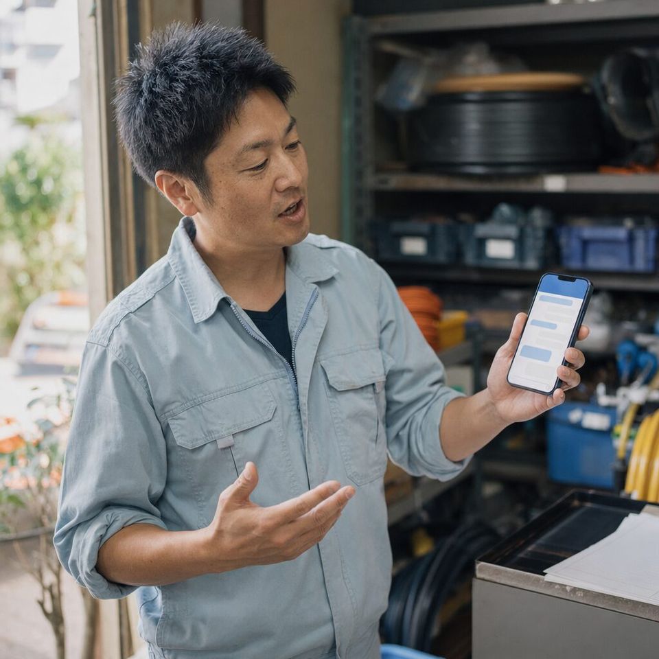 Illustrative photo: the office manager of a small landscape-irrigation contractor asks the QuickBooks Expert for help from their phone.