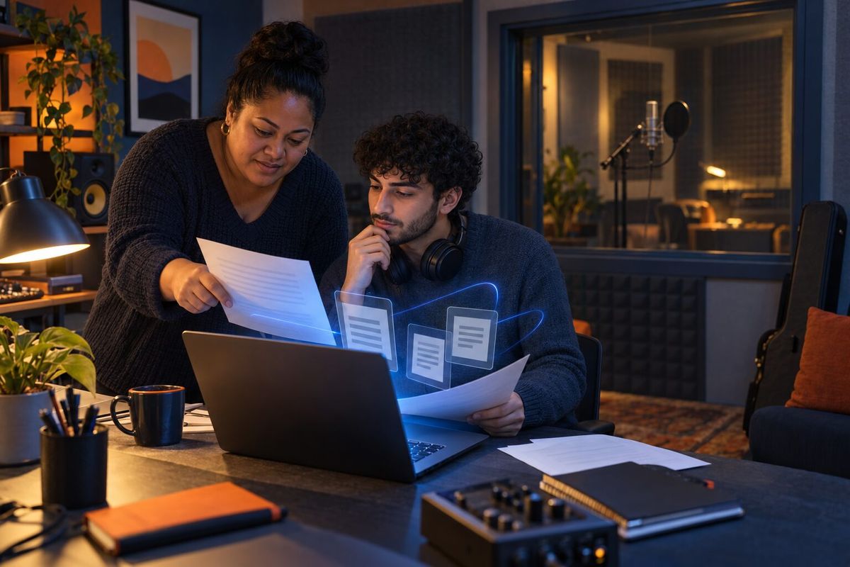 Illustrative photo: the Radio Ad Planner at work for the agency's account lead and junior producer, getting a client's radio spot ready to record, laying out results as blue panels above a laptop.