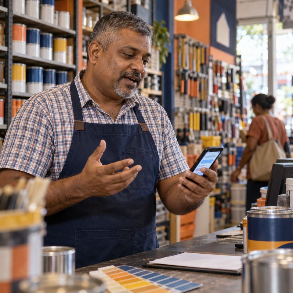 Illustrative photo: the owner of a busy family-run hardware and paint store asks the Radio Ad Planner for help from their phone.