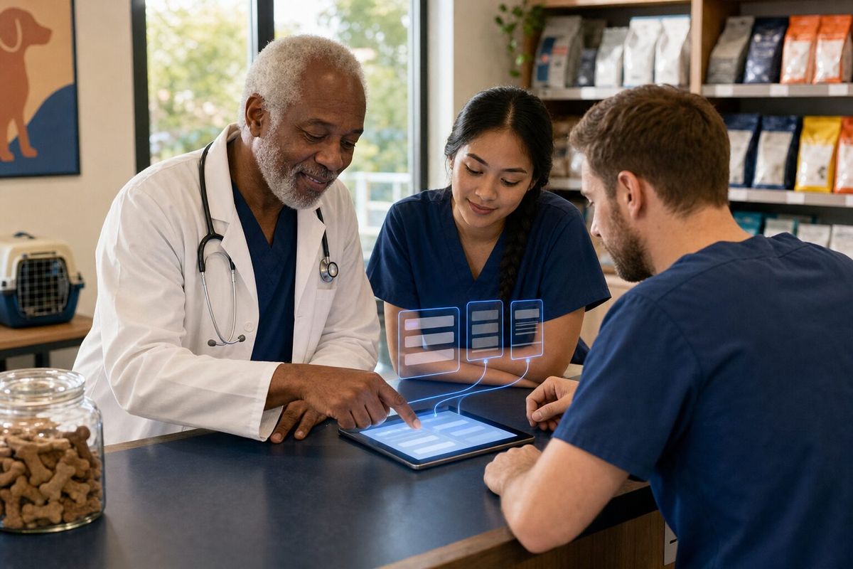 Illustrative photo: the Receptionist at work for the owner and nurses of a family-run veterinary clinic, laying out results as blue panels above a tablet.