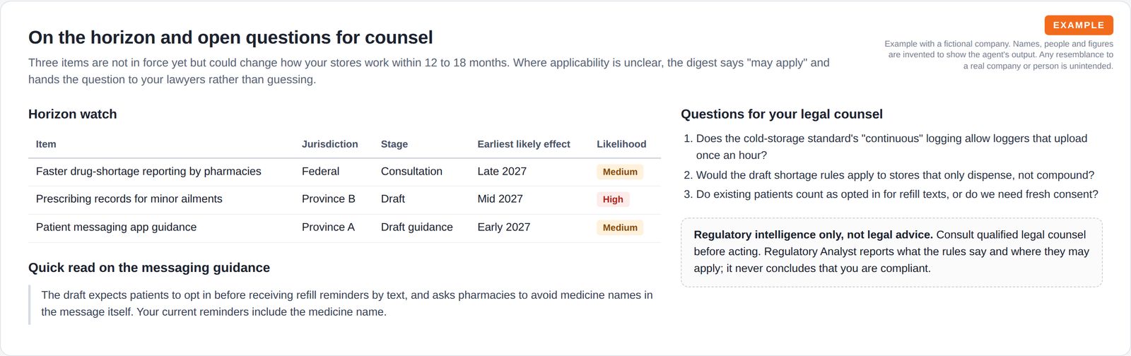 A horizon watch table of three proposed rules with stage, earliest likely effect and likelihood, a short quoted reading of draft guidance, and three numbered questions for legal counsel with a not legal advice note.