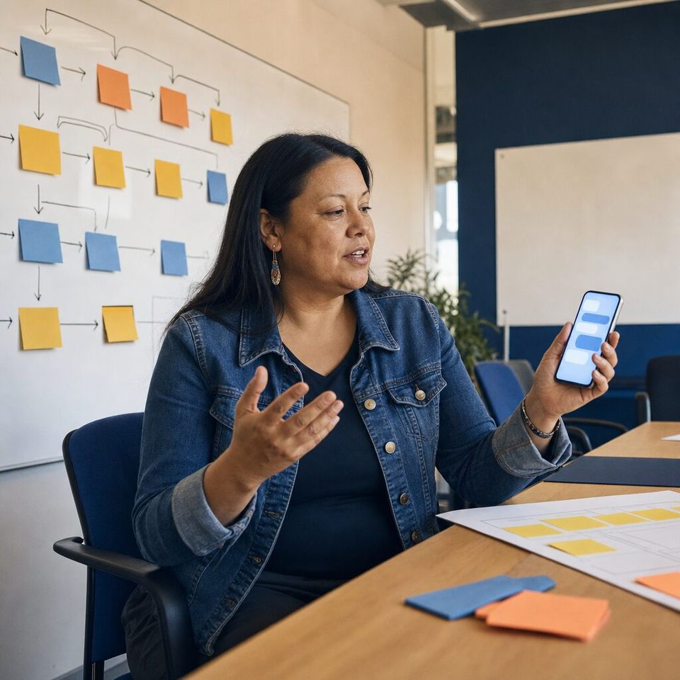 Illustrative photo: the operations manager at a services company asks the Requirements Agent for help from their phone.