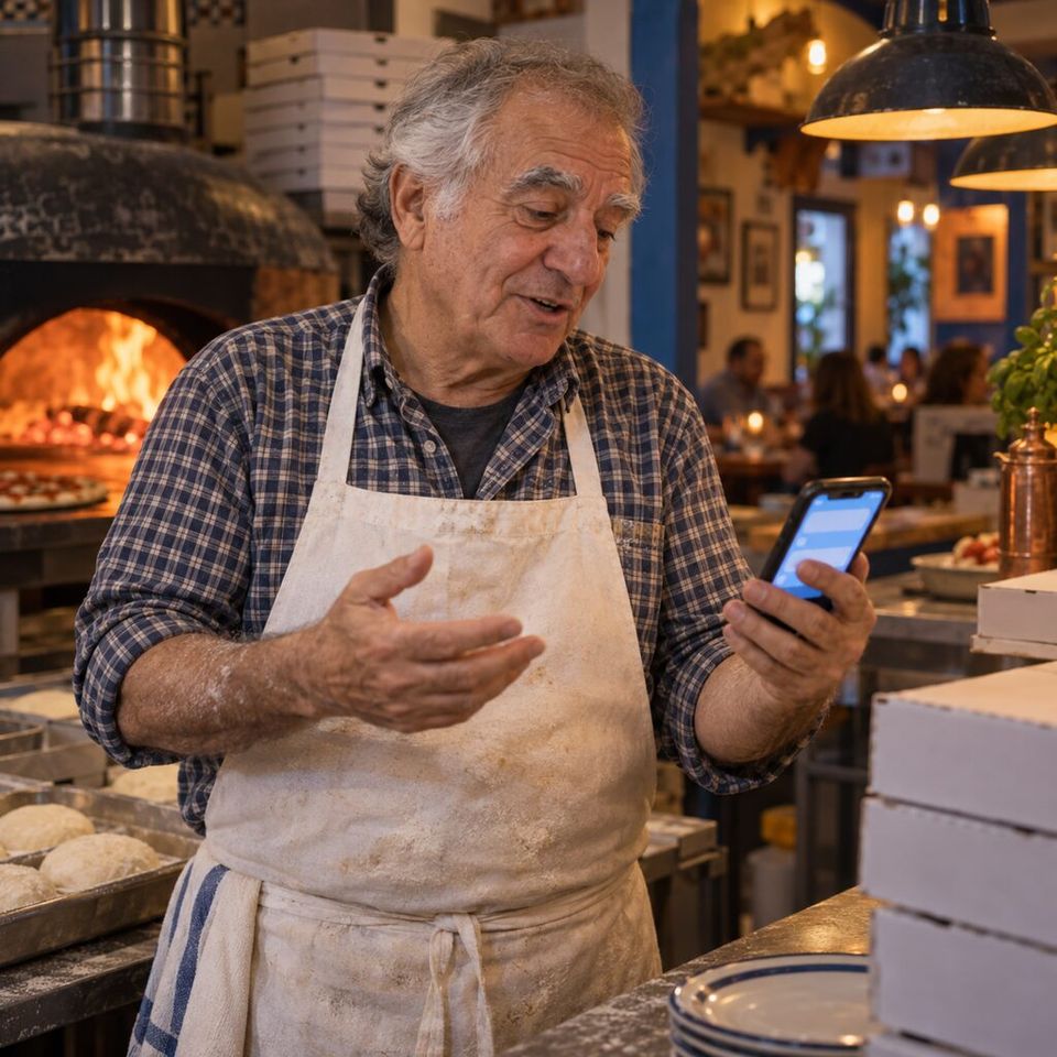 Illustrative photo: the owner of a family-run pizzeria asks the Review Responder for help from their phone.