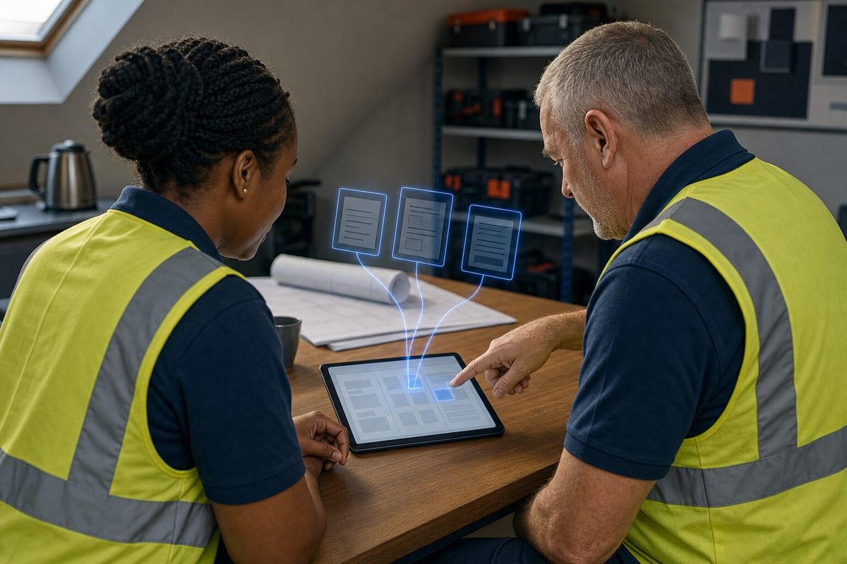 Illustrative photo: the RFP & Tender Responder at work for the contracts manager and owner of a small facilities-maintenance company, laying out results as blue panels above a tablet.