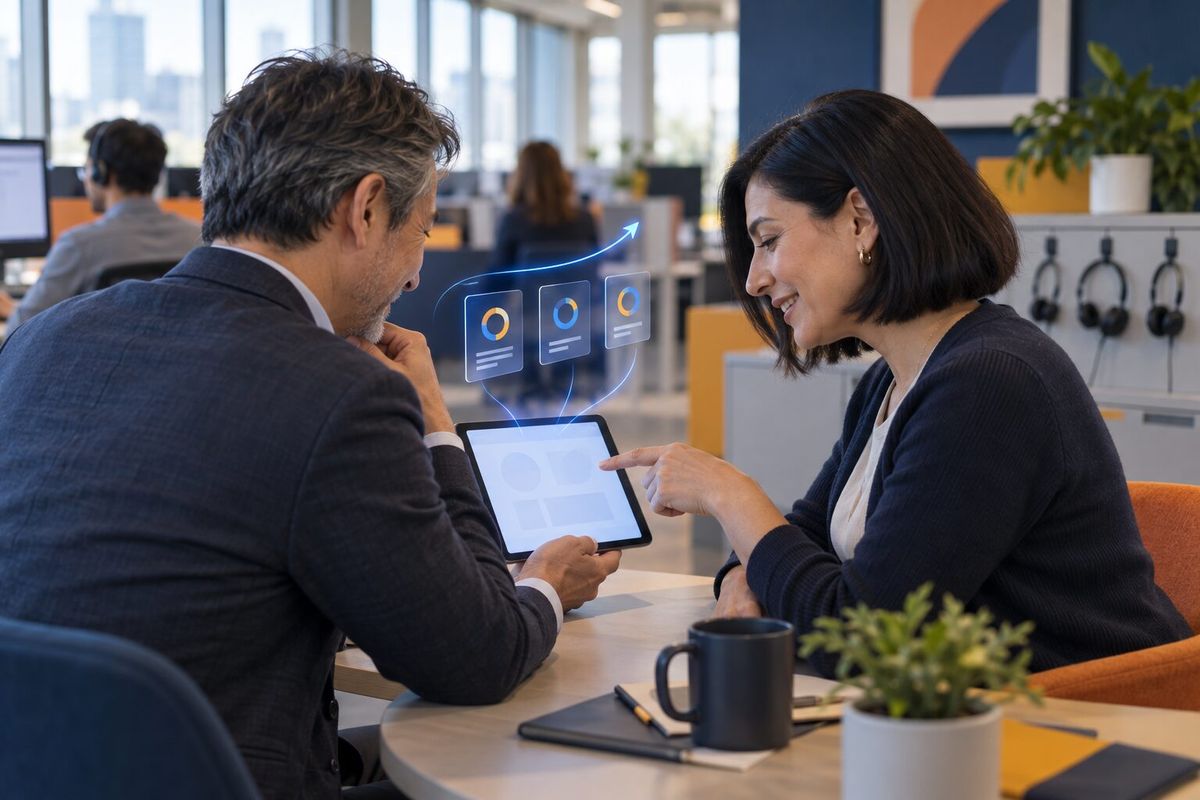 Illustrative photo: the Sales Call Coach at work for a sales rep and his sales manager at a business broadband reseller, laying out results as blue panels above a tablet.