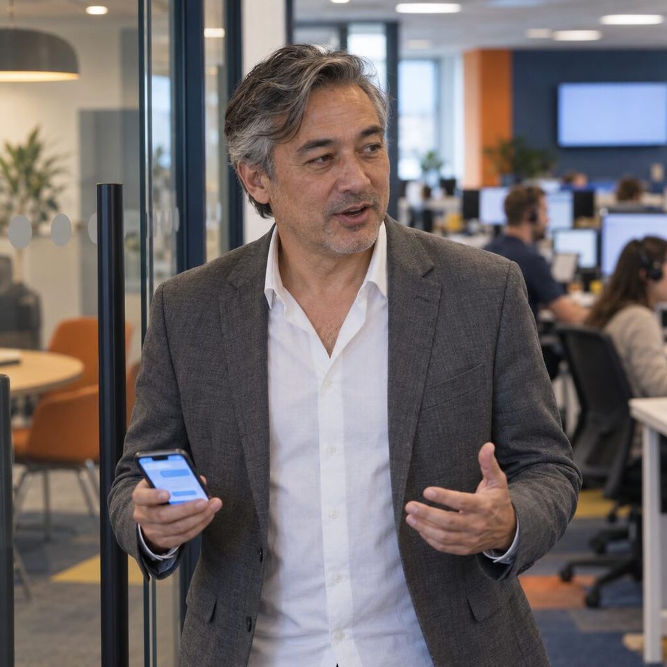 Illustrative photo: a sales rep at a business broadband and phone-line reseller asks the Sales Call Coach for help from their phone.