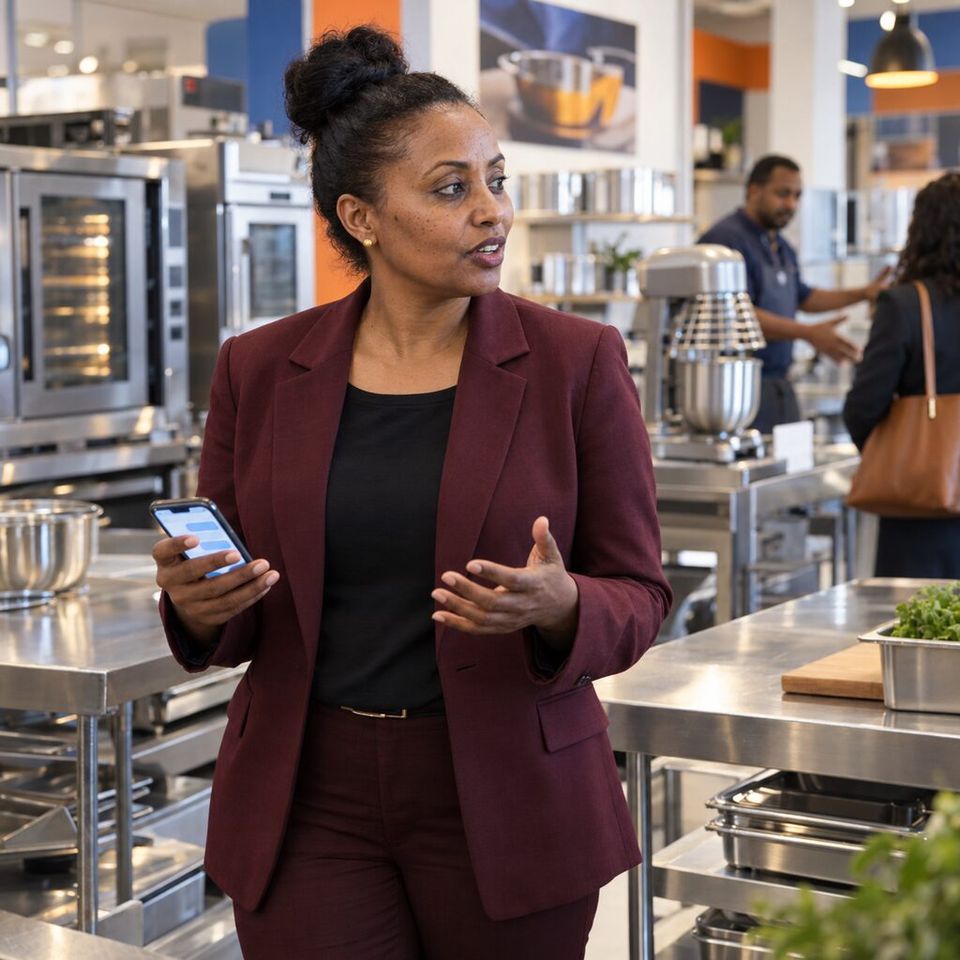 Illustrative photo: the sales manager of a catering-equipment supplier asks the Sales Dashboard for help from their phone.