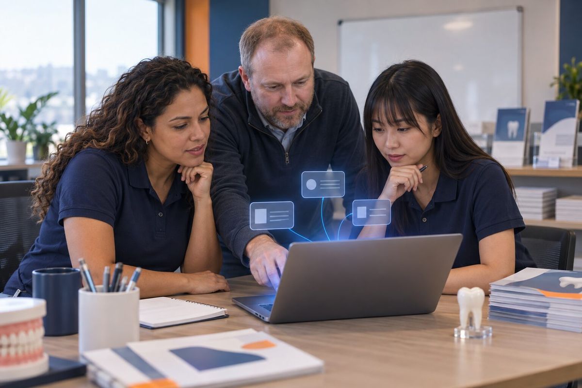 Illustrative photo: the Sales Brain at work for the sales group at a dental-supplies distributor, laying out results as blue panels above a laptop.