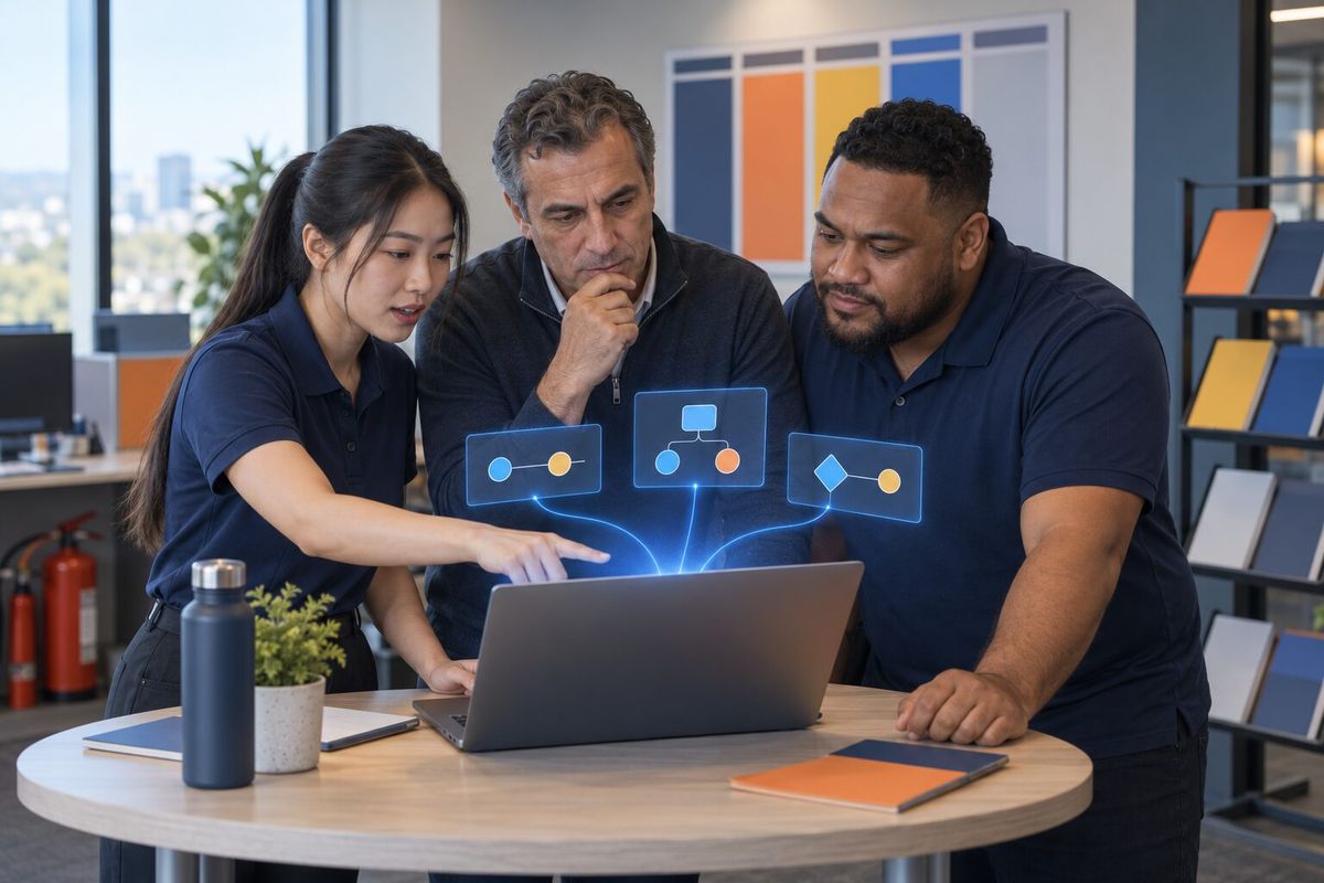 Illustrative photo: the Sales Manager at work for the sales group of a fire-safety equipment supplier, laying out results as blue panels above a laptop.