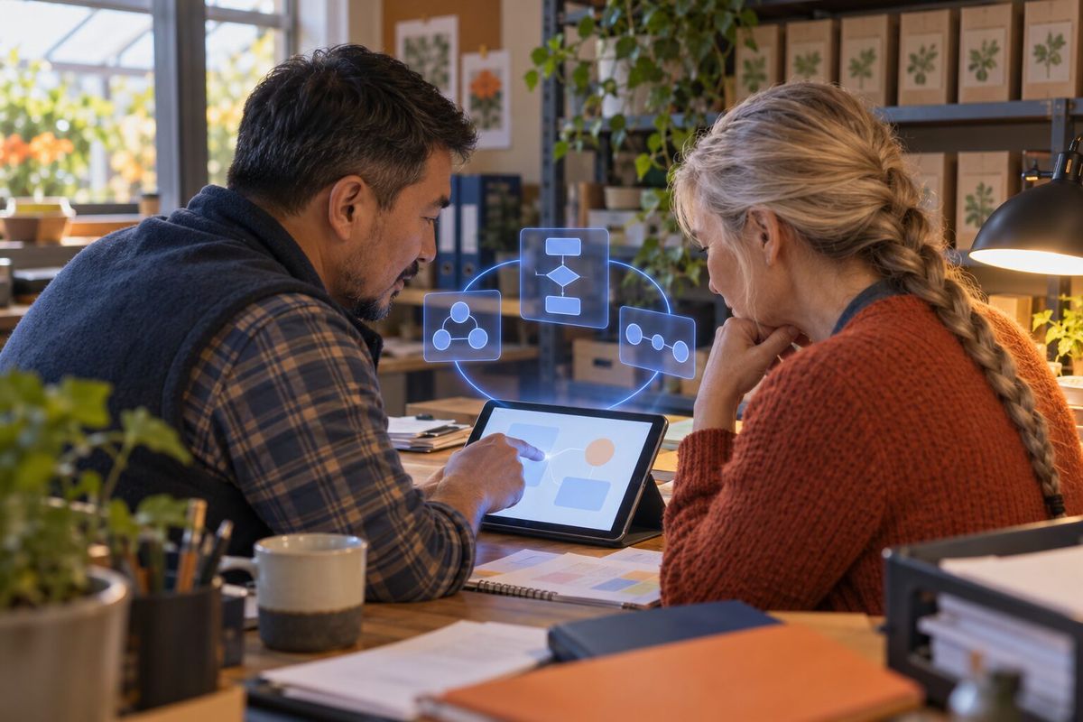 Illustrative photo: the Jobs Manager at work for the operations lead and office manager of a garden centre, laying out results as blue panels above a tablet.