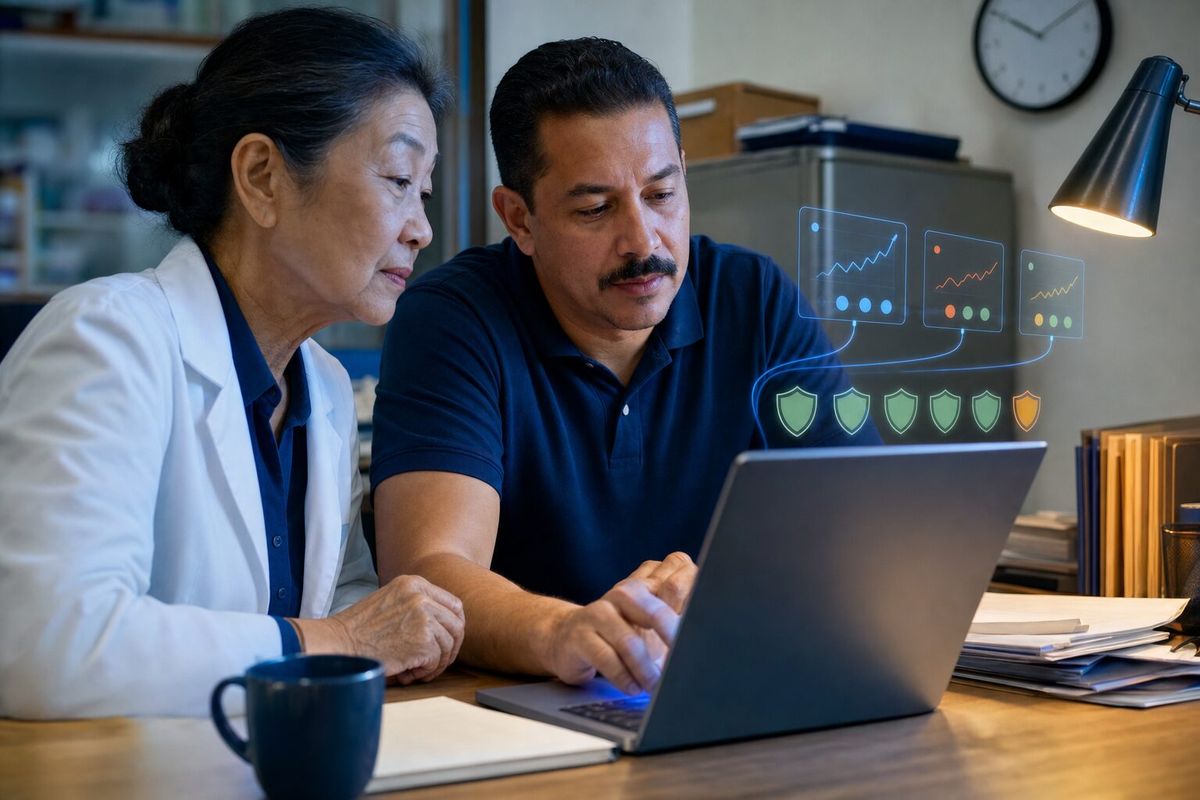 Illustrative photo: the Security Agent at work for the owner and office manager of a family-run pharmacy group, laying out results as blue panels above a laptop.