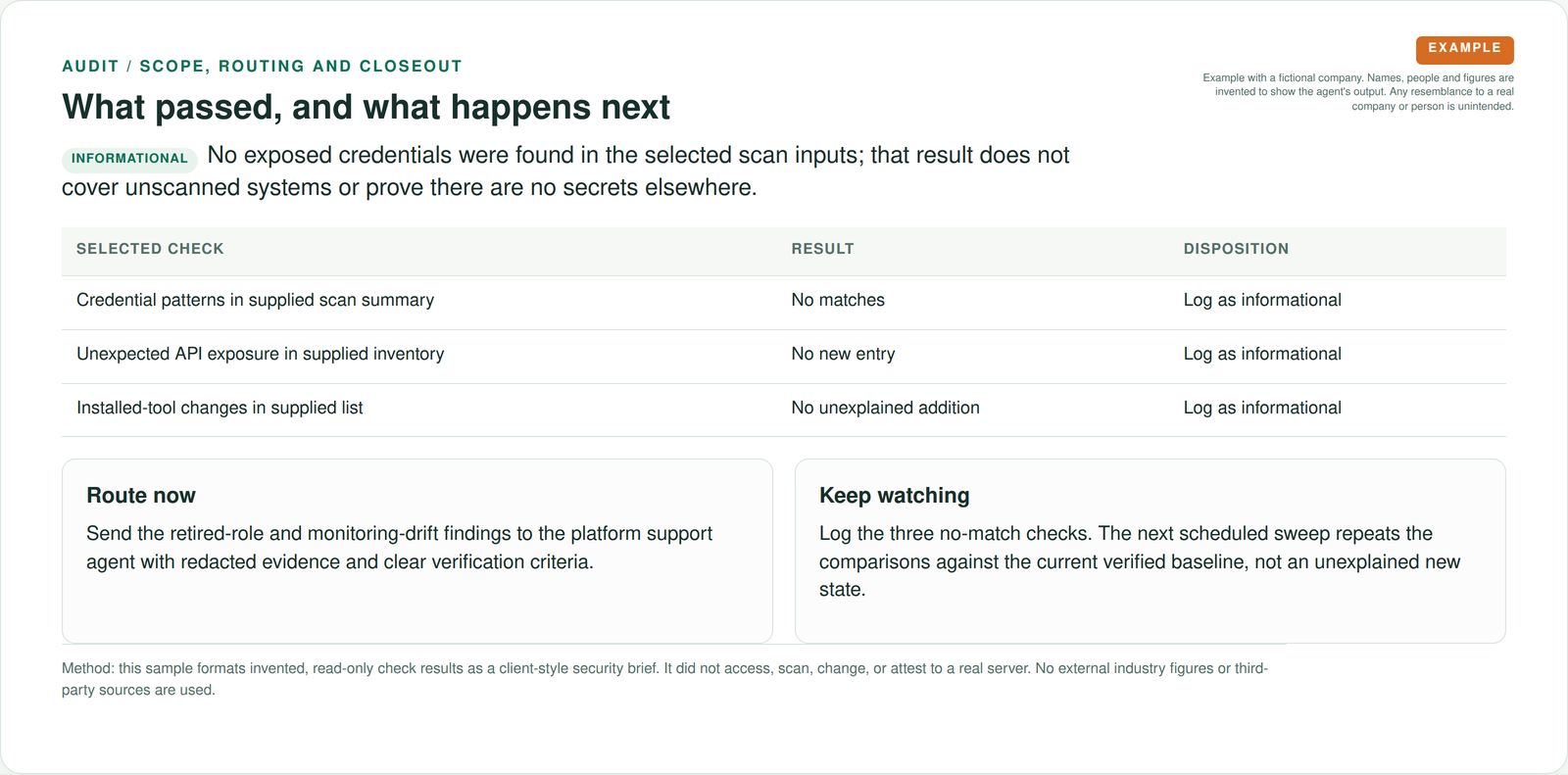 A no-match credential result is limited to its scan scope, with remaining follow-ups routed to the platform support owner.