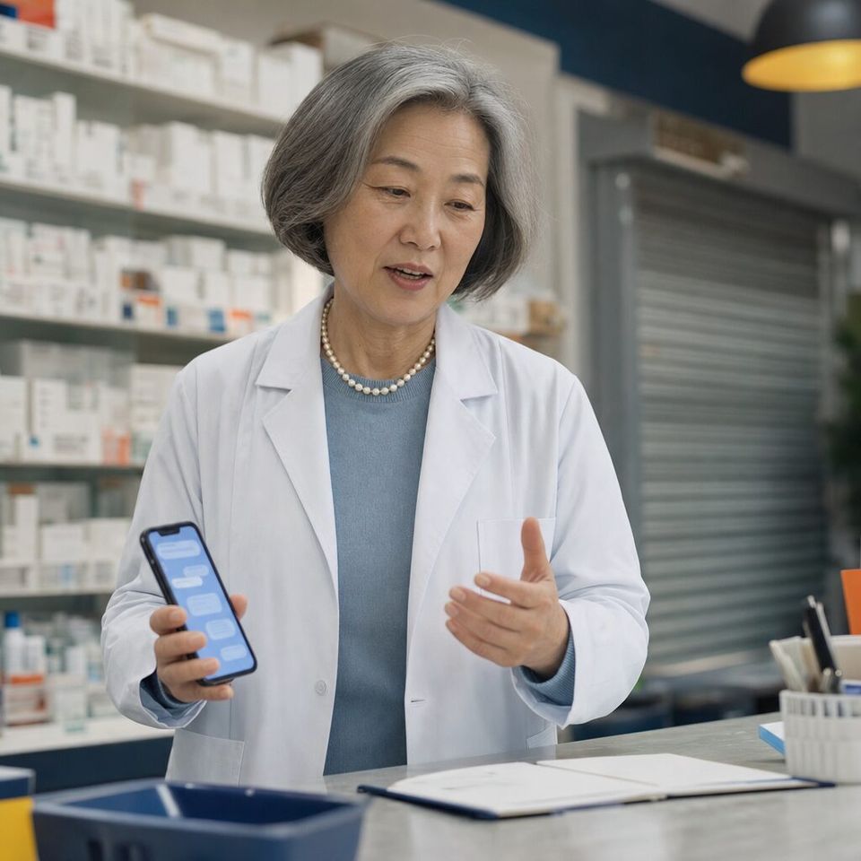 Illustrative photo: the owner of a family-run pharmacy group asks the Security Agent for help from their phone.